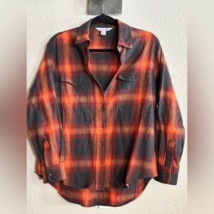 EVERMORE Print Old Navy Boyfriend Button-Up Orange Plaid Shirt Size Small